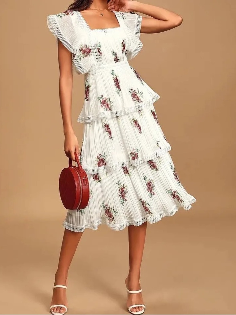 Lulu's White Floral Square-Neck Tiered Midi Dress